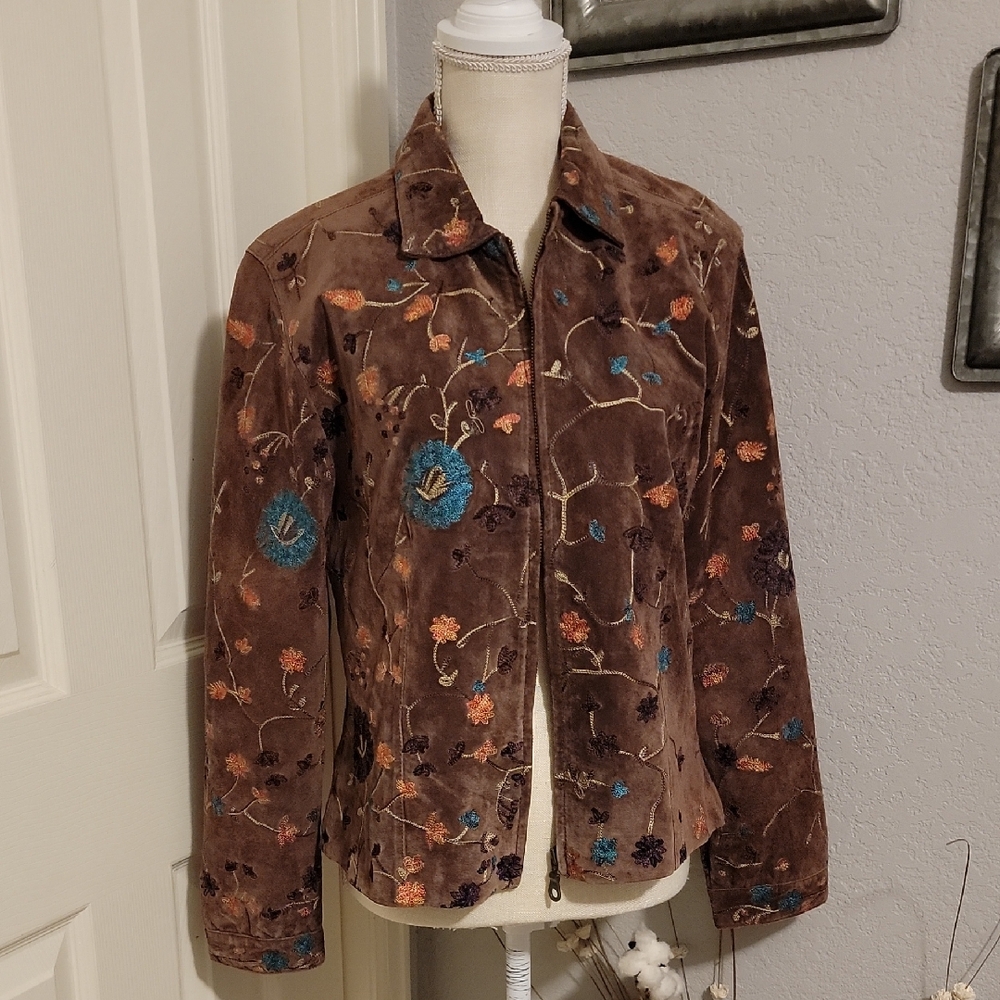 Chico's Floral Embroided Suede Blazer Fully Lined